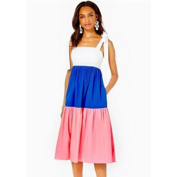 Lilly Pulitzer Dresses & Skirts - Lilly Pulitzer Anlee Color Block Tiered Bow Tie Smocked Back Midi Dress 8